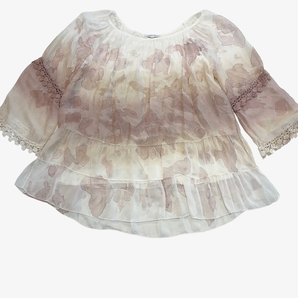 Tempo Paris Silk Blouse XL Mauve Cream Watercolor Tiered Crochet Lace Boho